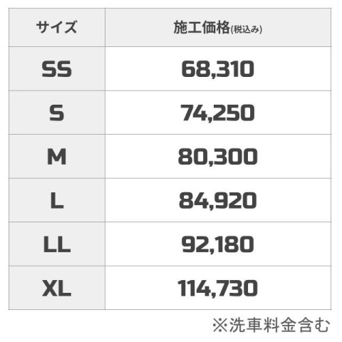 DIAⅡキーパー 施工価格（税込み） SSサイズ68,310円、Sサイズ74,250円、Mサイズ80,300円、Lサイズ84,920円、LLサイズ92,180円、XLサイズ114,730円。※洗車料金含む