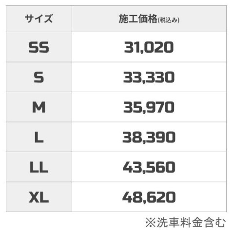 フレッシュキーパー 施工価格（税込み） SSサイズ31,020円、Sサイズ33,330円、Mサイズ35,970円、Lサイズ38,390円、LLサイズ43,560円、XLサイズ48,620円。※洗車料金含む